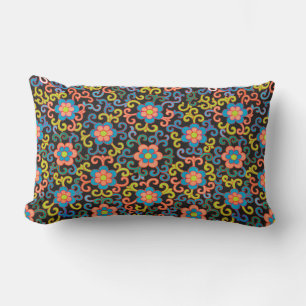 Chic Black Pattern with Colourful Floral Lumbar Pillow