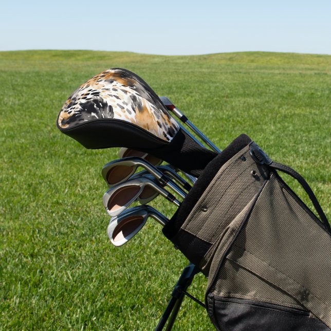 Chic Black Peach White Leopard Animal Print Golf Head Cover (In Situ)