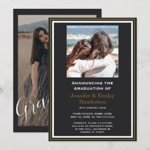 Chic Black photo double graduation Announcement