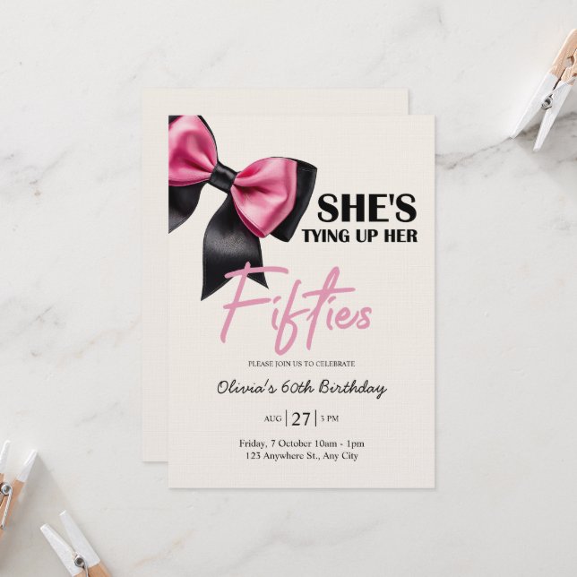 Chic Black & Pink Bow 60th Birthday Invitation (Front/Back In Situ)