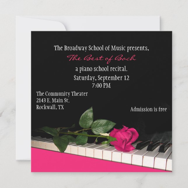 Chic Black & Pink Custom Piano Recital Invitation (Front)