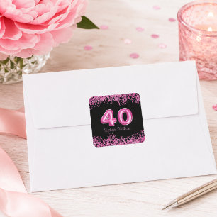  Chic Black Pink Faux Glitter 40th Birthday Square Sticker