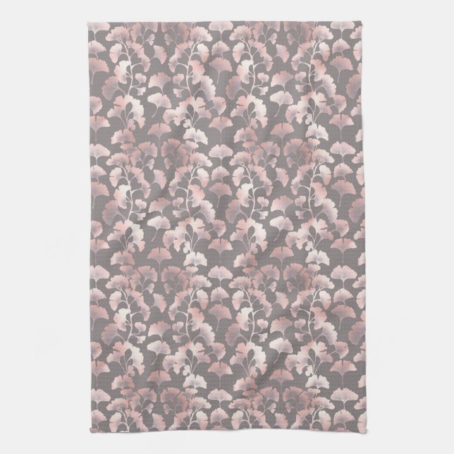 Chic Black Pink Ginkgo Pattern Kitchen Towel (Vertical)