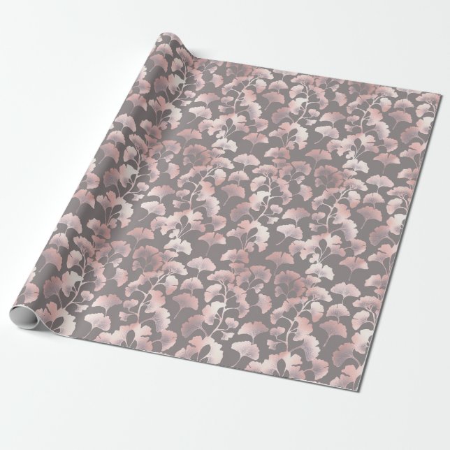 Chic Black Pink Ginkgo Pattern Wrapping Paper (Unrolled)