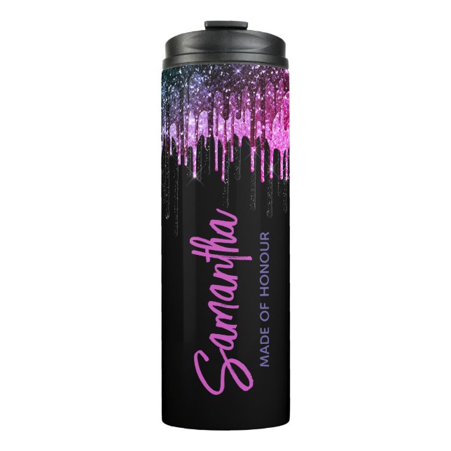 Chic black pink glitter drips bridal anniversary thermal tumbler (Front)