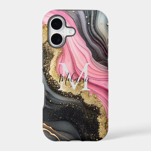 Chic Black Pink Gold Glitter Marble Monogram