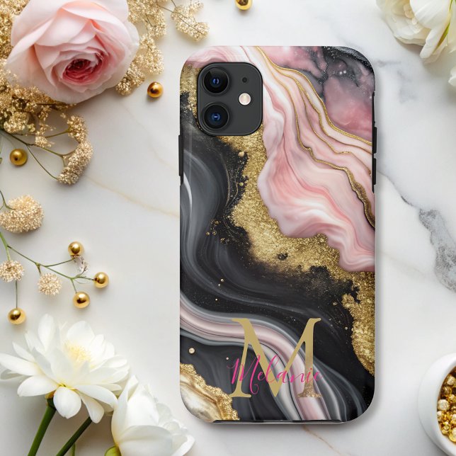 Chic Black Pink Gold Glitter Marble Monogram  Case-Mate iPhone Case (Creator Uploaded)