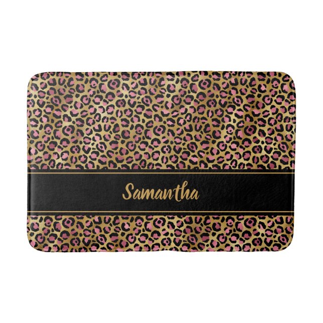 Chic Black Pink Gold Leopard Print Personalized Bath Mat (Front)