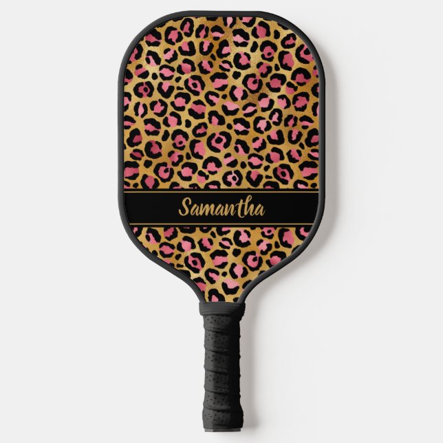 Chic Black Pink Gold Leopard Print Personalized Pickleball Paddle (Front)