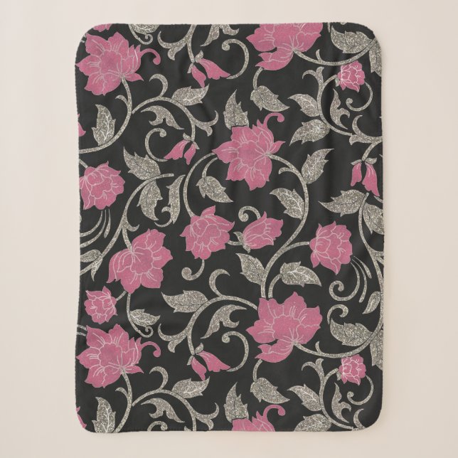 Chic black pink green glitter floral illustration sherpa blanket (Front)