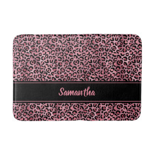 Chic Black Pink Leopard Print Personalized Bath Mat