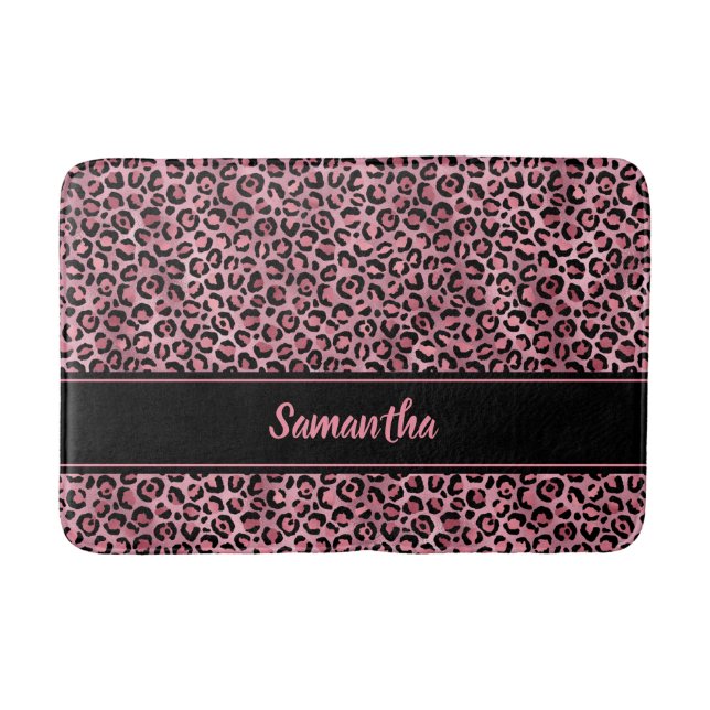 Chic Black Pink Leopard Print Personalized Bath Mat (Front)