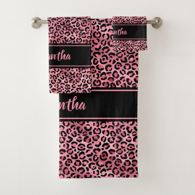 Chic Black Pink Leopard Print Personalized Bath Towel Set (Insitu)