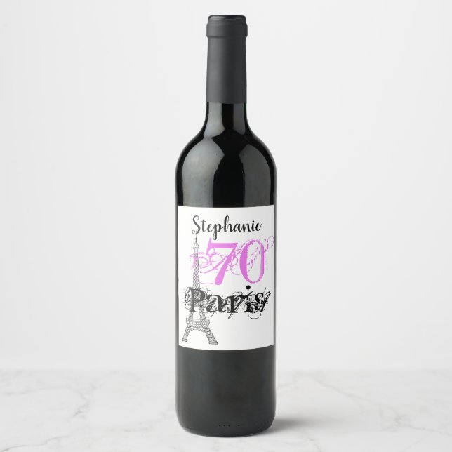 Chic Black Pink Paris Eiffel Tower 70th Birthday Wine Label (Front)