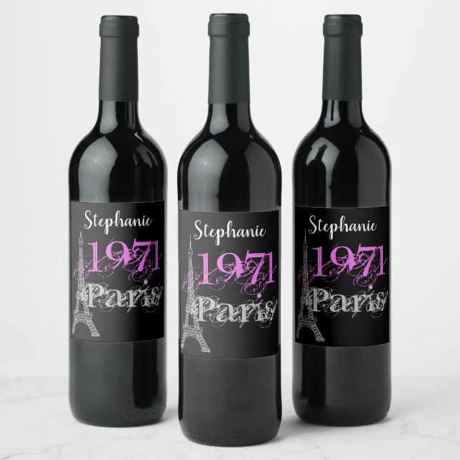 Chic Black Pink Paris Eiffel Tower Graphic Name Wine Label (Bottles)