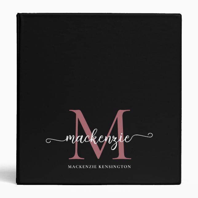 Chic Black Pink Rose Gold Monogram Binder (Front)