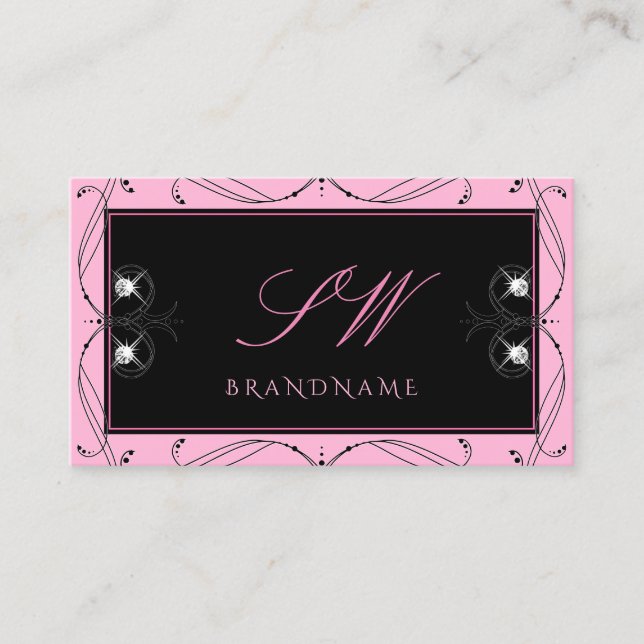 Chic Black Pink Sparkling Diamonds Monogram Ornate Business Card (Front)
