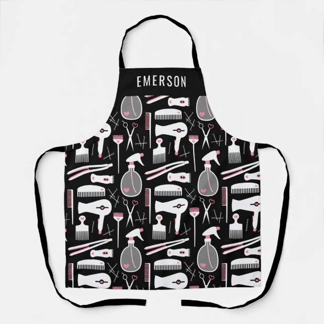 Chic Black Pink  White Hair Stylist Tools Add Name Apron (Front)