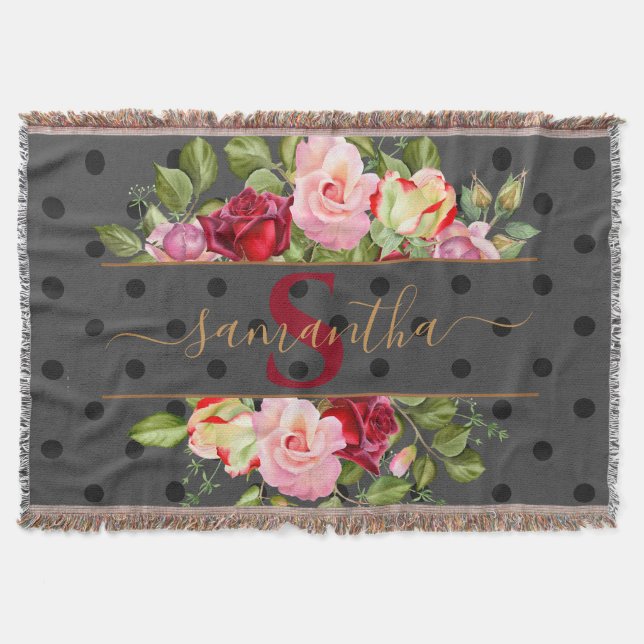 Chic Black Polka Dot and Roses Monogram and Name Throw Blanket (Front)