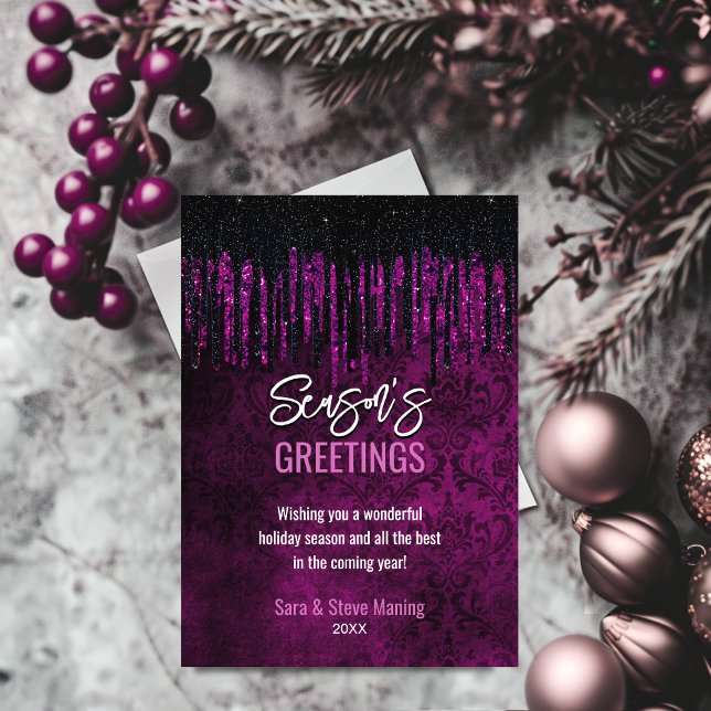 Chic black purple glitter drips damask Christmas  Holiday Card (Creator Uploaded)
