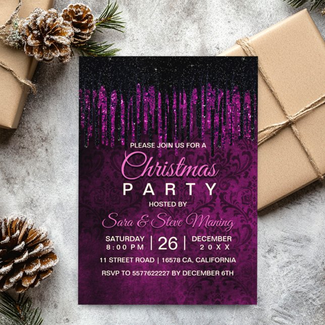 Chic black purple glitter drips damask Christmas  Invitation (Creator Uploaded)
