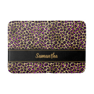 Chic Black Purple Gold Leopard Print Personalized Bath Mat