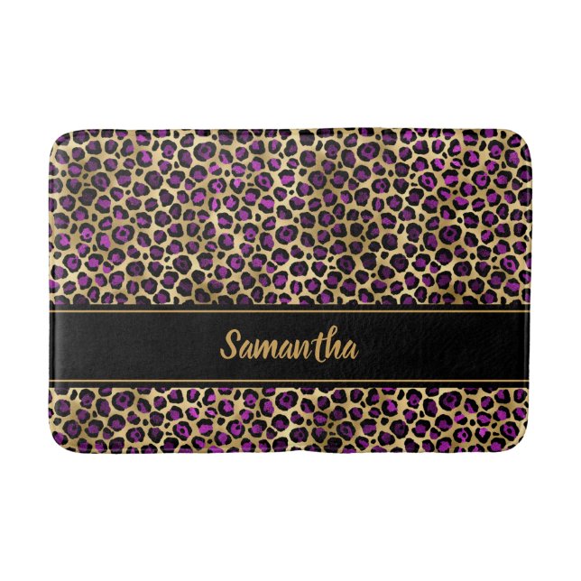 Chic Black Purple Gold Leopard Print Personalized Bath Mat (Front)