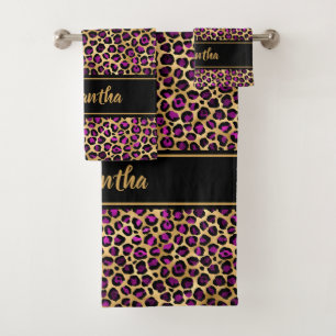 Chic Black Purple Gold Leopard Print Personalized Bath Towel Set