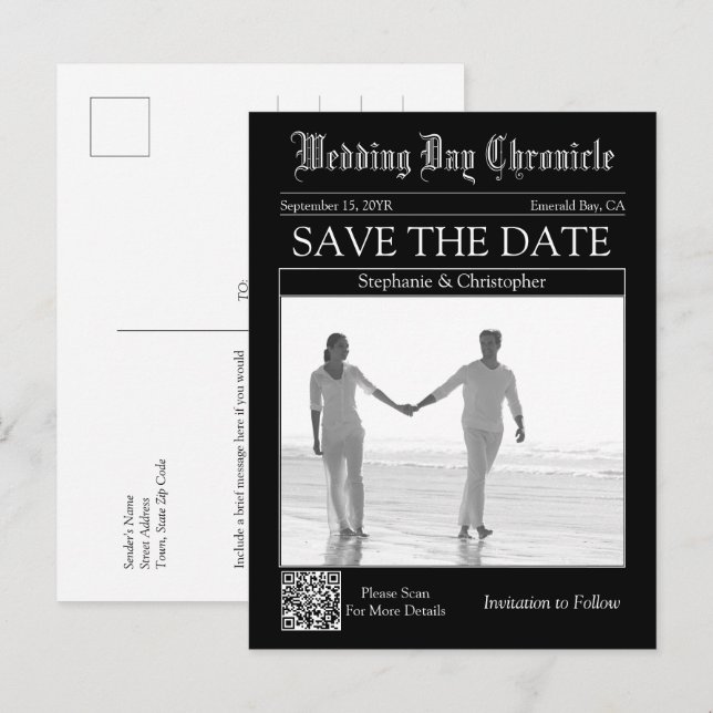 Chic Black QR Code Newspaper Wedding Save the Date Postcard (Front/Back)