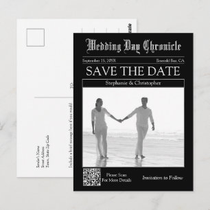 Chic Black QR Code Newspaper Wedding Save the Date Postcard