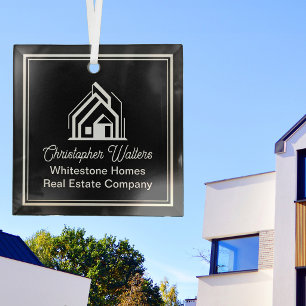 Chic Black Real Estate Company Custom Realtor Glass Ornament