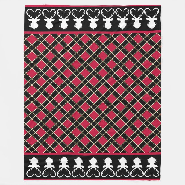 Chic Black  Red Chequered & Reindeer Silhouettes Fleece Blanket (Front)