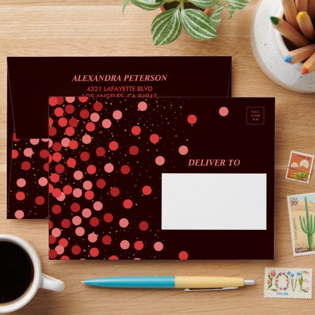 Chic Black Red Confetti Birthday Envelope (Desk)