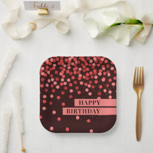 Chic Black Red Confetti Happy Birthday Paper Plate