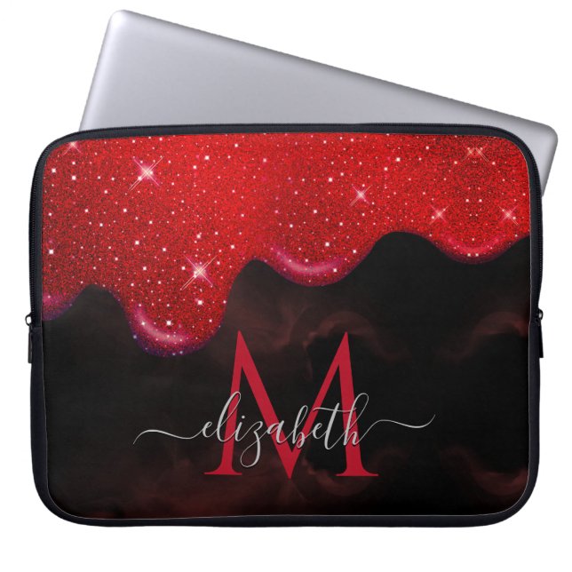 Chic black red drippings glitter marbling monogram laptop sleeve (Front)