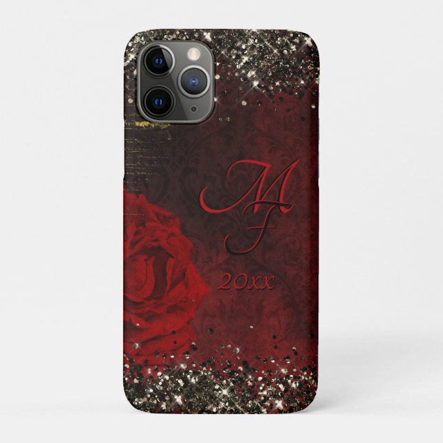 Chic black red gold glitter flower monogram notebo Case-Mate iPhone case (Back)