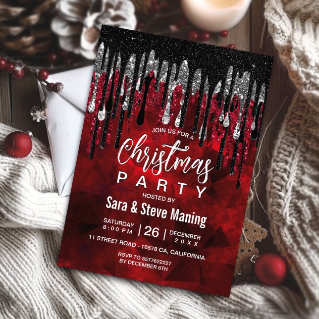 Chic black red silver glitter drips Christmas  Invitation (Creator Uploaded)