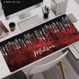 Chic black red silver glitter drips monogram desk mat