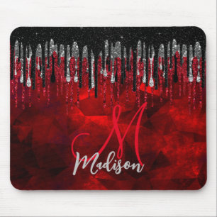 Chic black red silver glitter drips monogram mouse pad