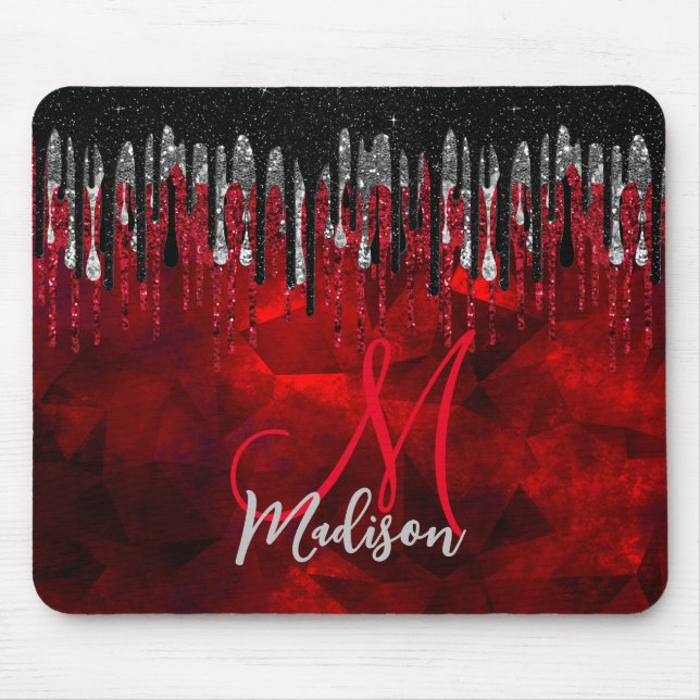 Chic black red silver glitter drips monogram mouse pad (Front)