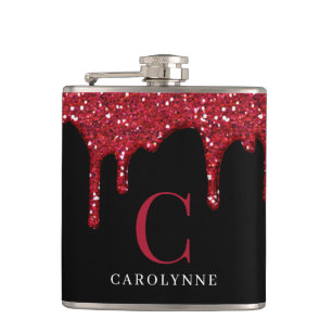 Chic Black Red Sparkle Glitter Drips Monogram Hip Flask