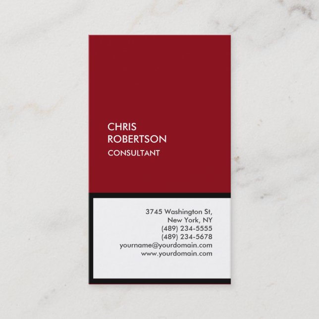Chic black red white vertical unique business card (Front)