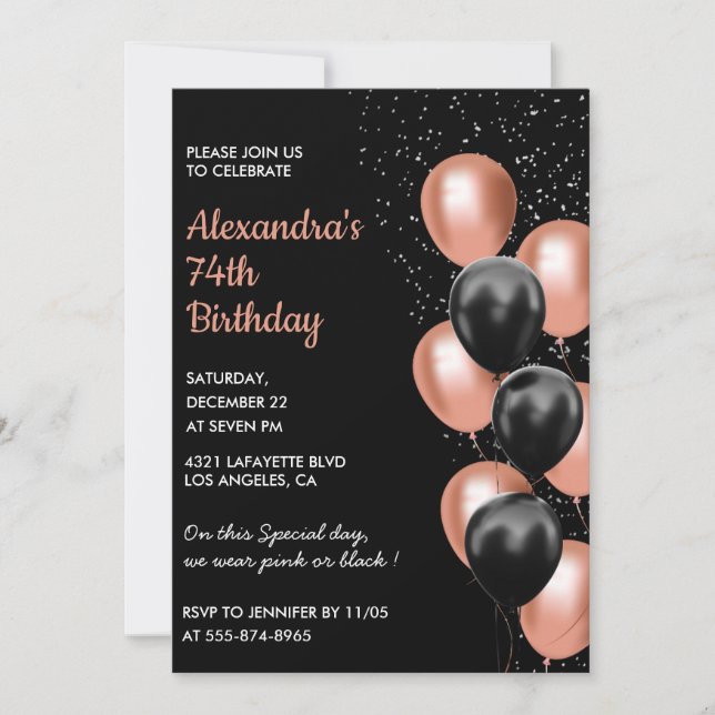Chic Black Rose gold 74th birthday Invitation (Front)