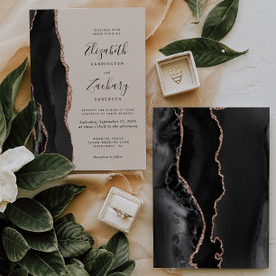 Chic Black Rose Gold Agate Beige Wedding Invitation