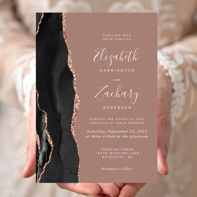 Chic Black Rose Gold Agate Dusty Rose Wedding Invitation (Creator Uploaded)