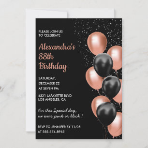 Chic Black Rose gold Balloons 88th birthday Invitation