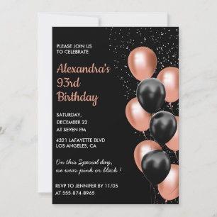 Chic Black Rose gold Balloons 93rd birthday Invitation