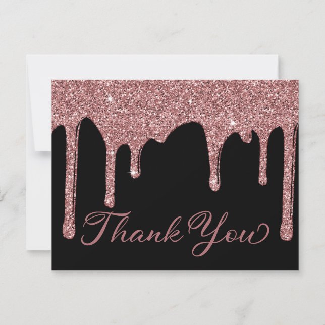 Chic Black Rose Gold Dripping Glitter Thank You Card (Front)