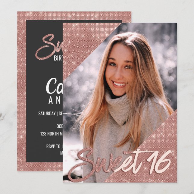 Chic Black Rose Gold Glitter Border Photo Sweet 16 Invitation (Front/Back)