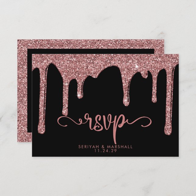 Chic Black Rose Gold Glitter Sparkle Wedding RSVP Card (Front/Back)